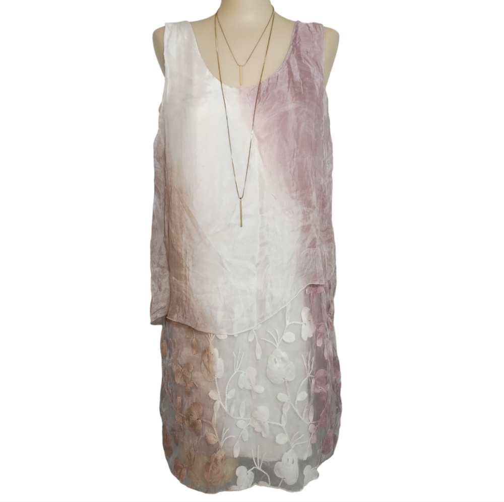 PiazzaRoma Silk tie dye flowy midi dress with embroidered lace overlay